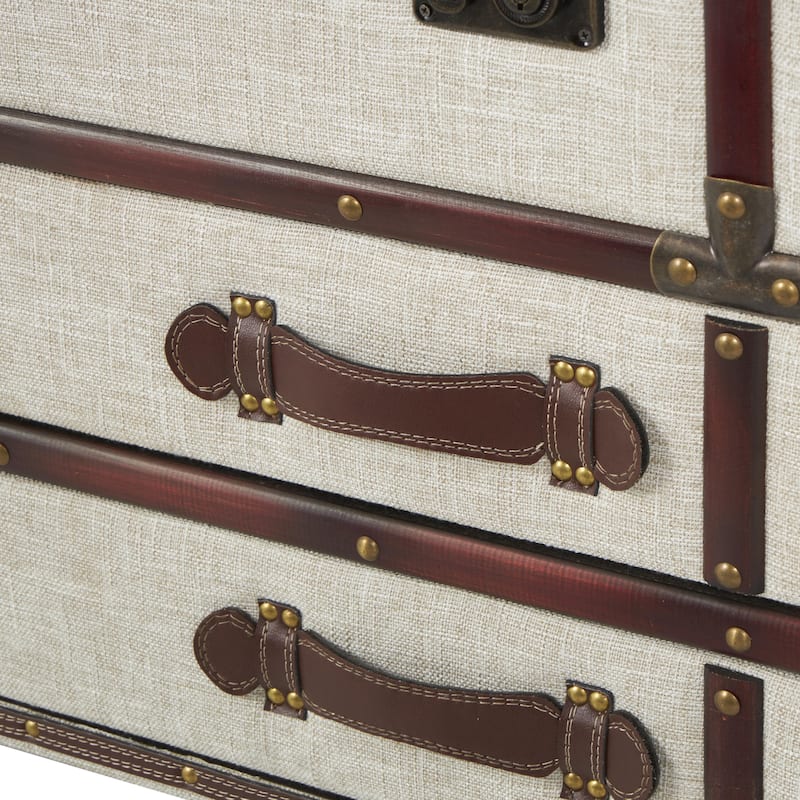 Wooden Vintage Style Storage 2 Drawer Coffee Table with Studs and Brown Faux Leather Accents - Cream - Roche River Decor