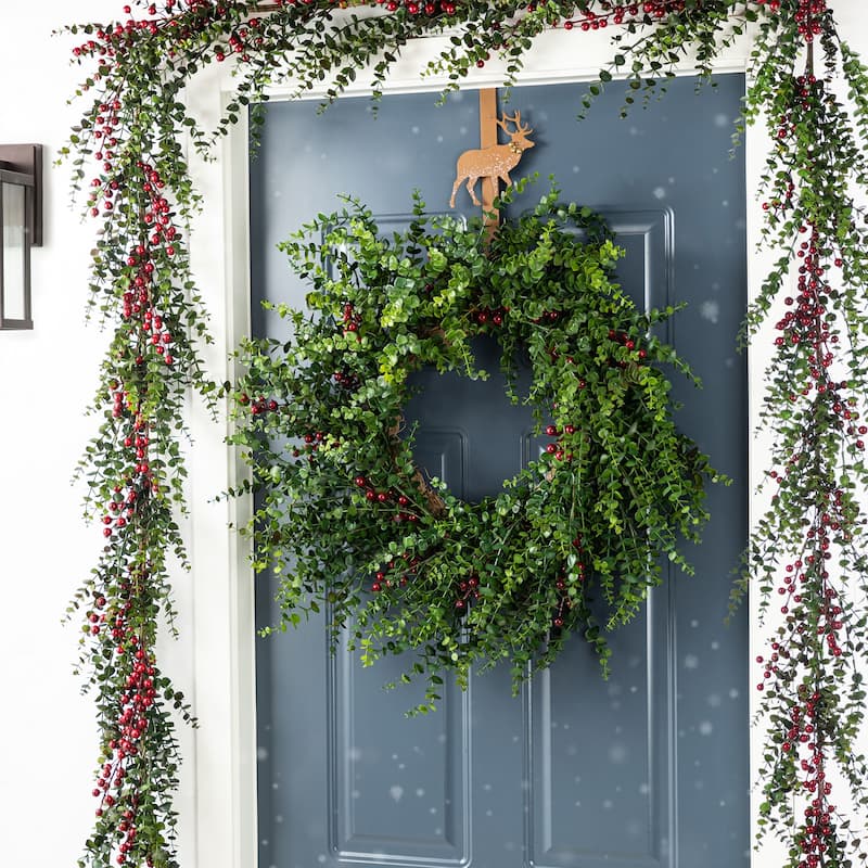 Glitzhome 9ft/6ft Christmas Greenery PE Dripping Eucalyptus Garland & 28"D Wreath with Red Berries