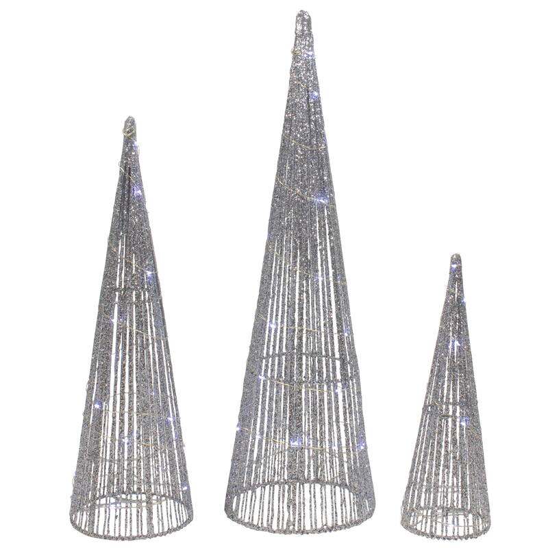 Set of 3 LED Lighted Glitter Cone Tree Outdoor Christmas Decorations 23.5" - Silver
