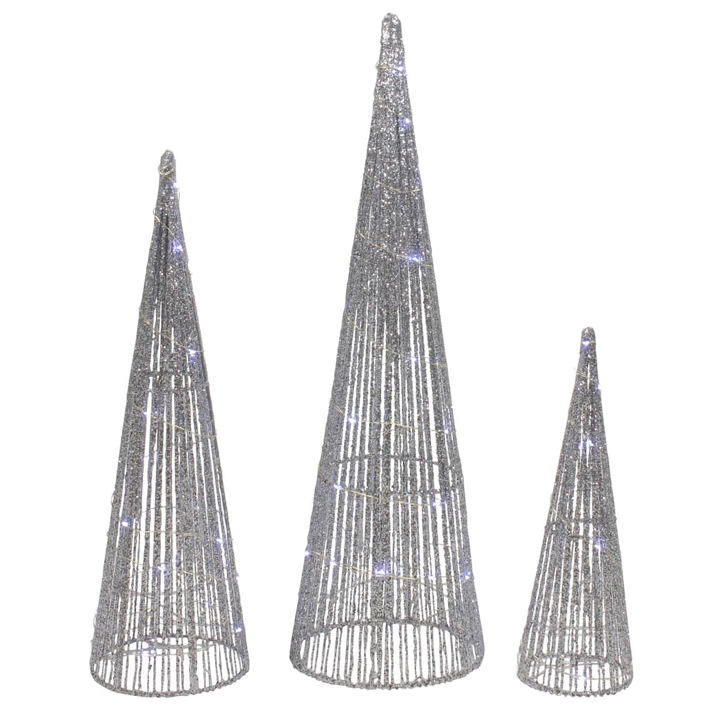 3 LED Silver Glitter Cone Tree Outdoor Christmas Decorations 23.5"