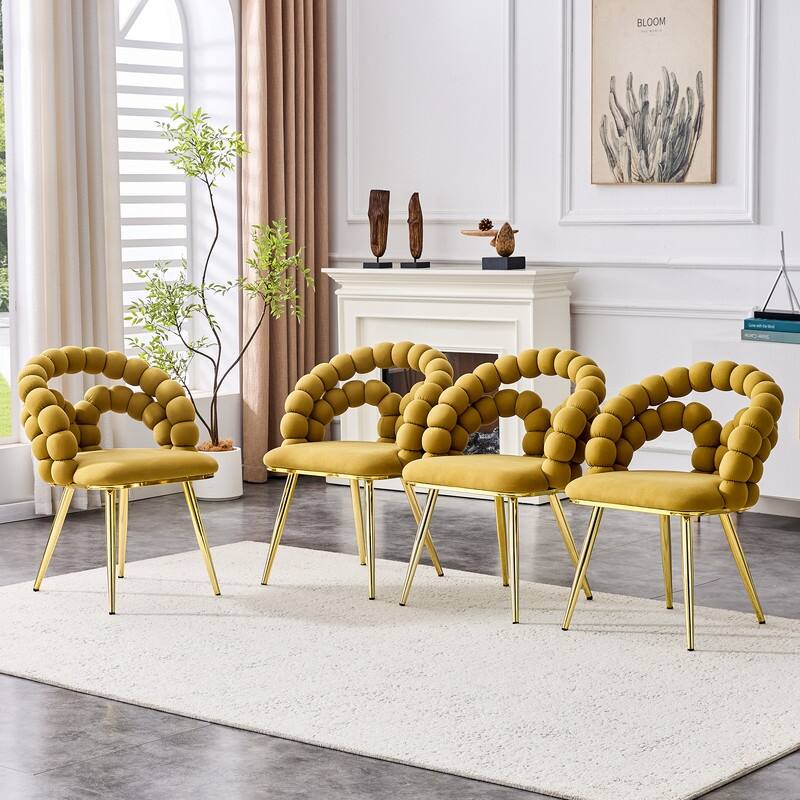 Luxe Gold-Leg Velvet Dining Chair - Modern Bubble Bead Accent Chair for Kitchen & Dining Room - Gold,Yellow - Set of 4