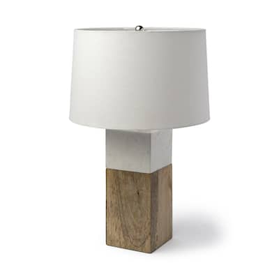 Brown Solid Wood Table or Desk Lamp Base with White Fabric Drum Shade 3 Way Switch - 13” x 13” x 22.25” (D x W x H)