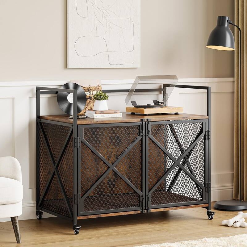 Dog Crate Furniture with Cushion, Double Doors, End Table Design