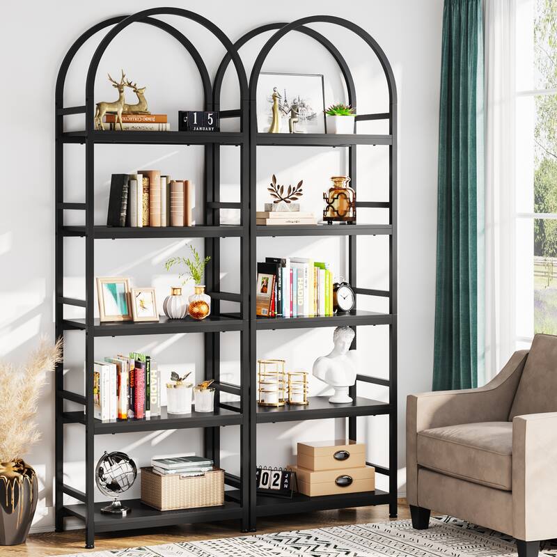 4-Tier Open Bookshelf, 70.8" Industrial Wood Bookcase Storage Shelves - Black - 5 Tiers - 2PCS