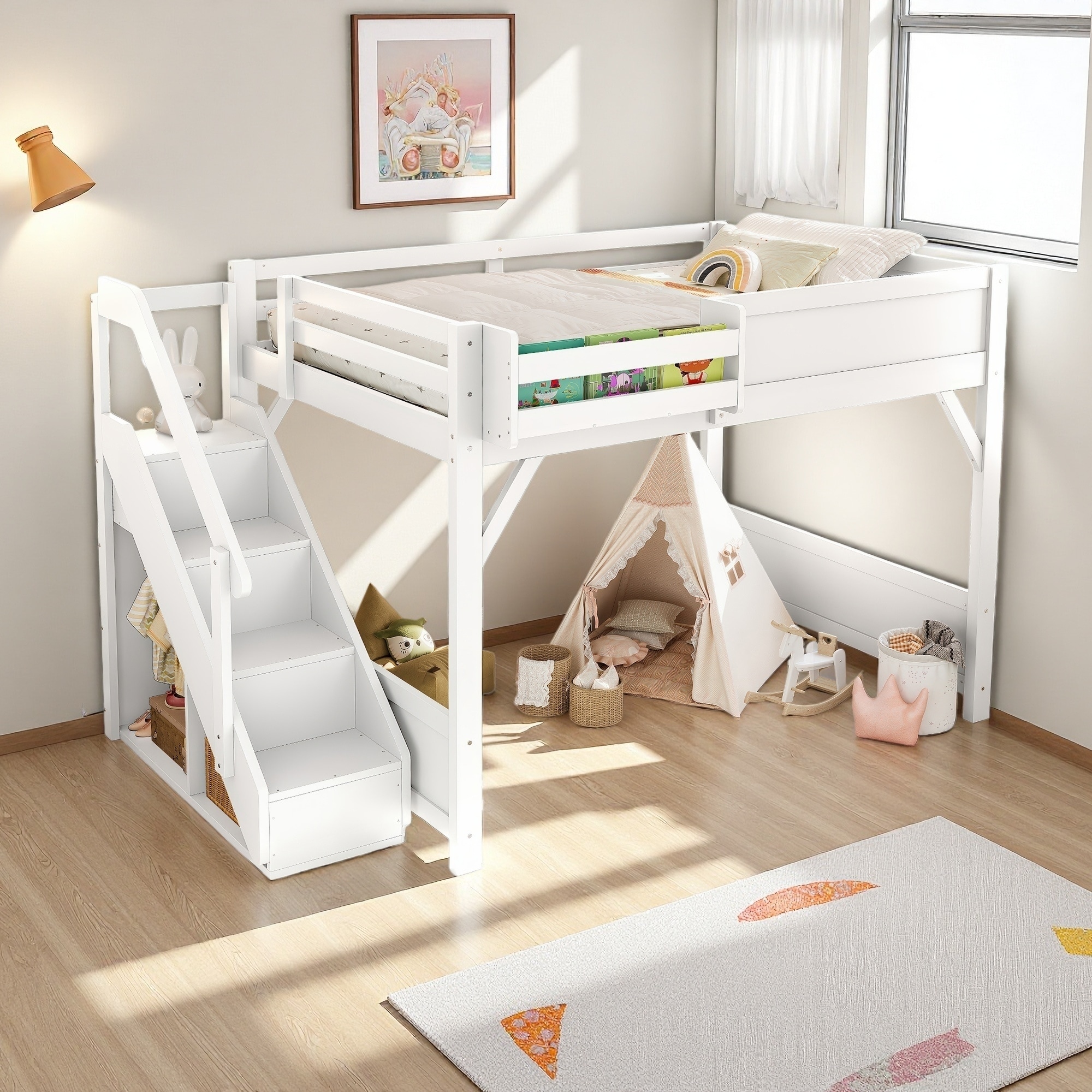 Full Size Solid Wood Loft Bed with Built-in Wardrobe, Storage Space, Bedside Shelves, Full-Length Guardrails and Stairs
