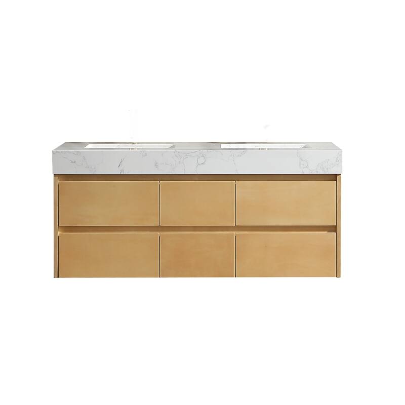 48 in./ 60 in. Solid Wood Wall-Mounted Bathroom Vanity Set in Maple with Engineered Stone Top and Ceramic Sink