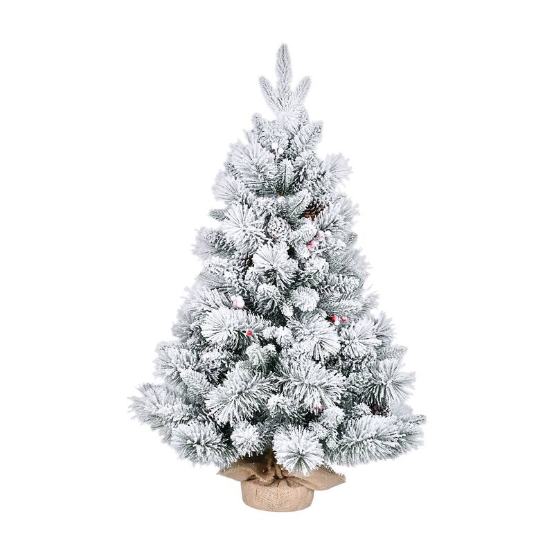 3FT Flocked Christmas Tree with PE/PVC & Pine Needle Branches, 170 Tips, Decorated with Pine Cones & Berries-Snowy Holiday Tree