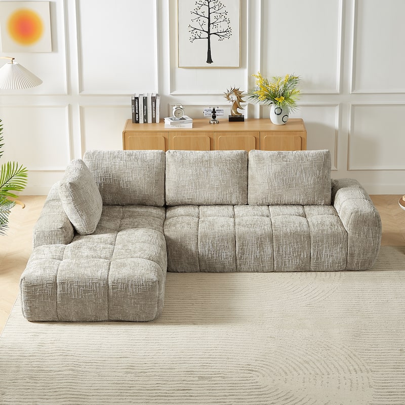 L-Shape Sectional Sofa with Chaise, Oversized Faux Fur Upholstered Sofa, Comfy Sleeper Couch for Living Room, Apartment - khaki