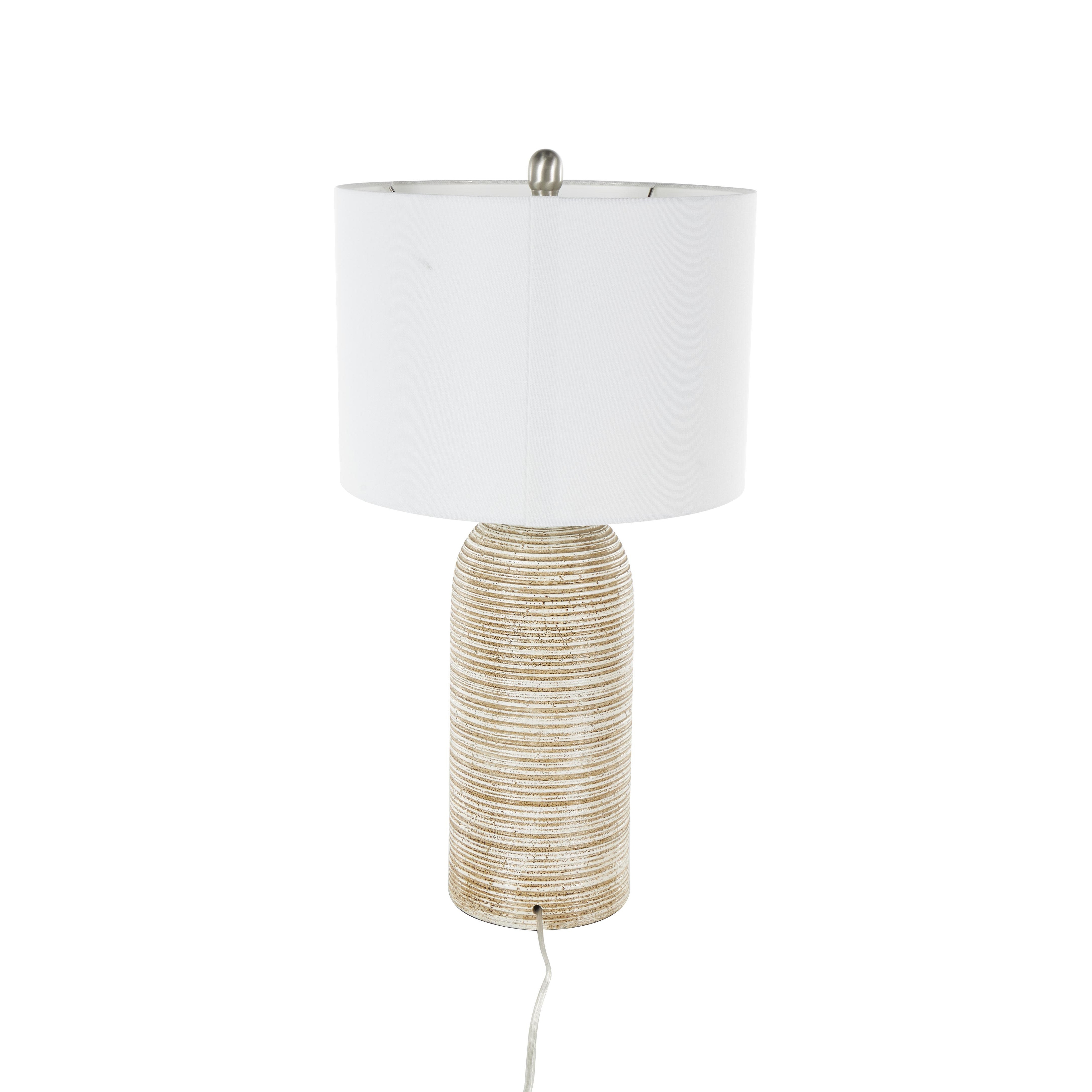 Brown Wood Room Table Lamp with White Drum Shade