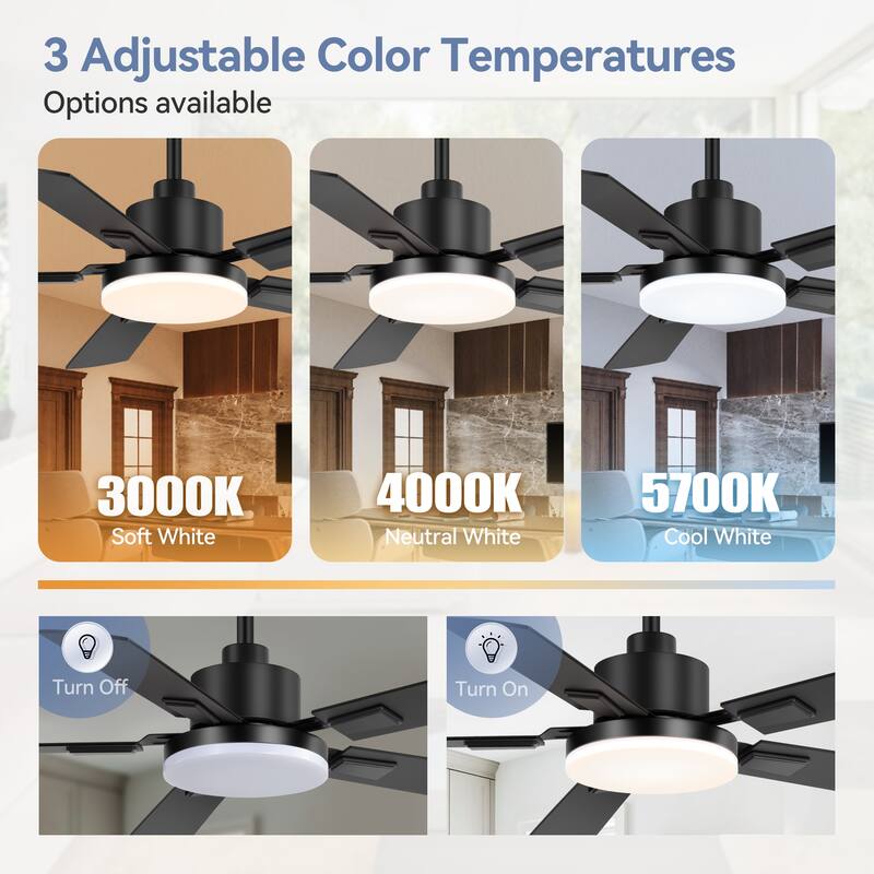 48"/52"/60" Modern Black LED Ceiling Fan with Light Remote (5/6 Reversible Blades)