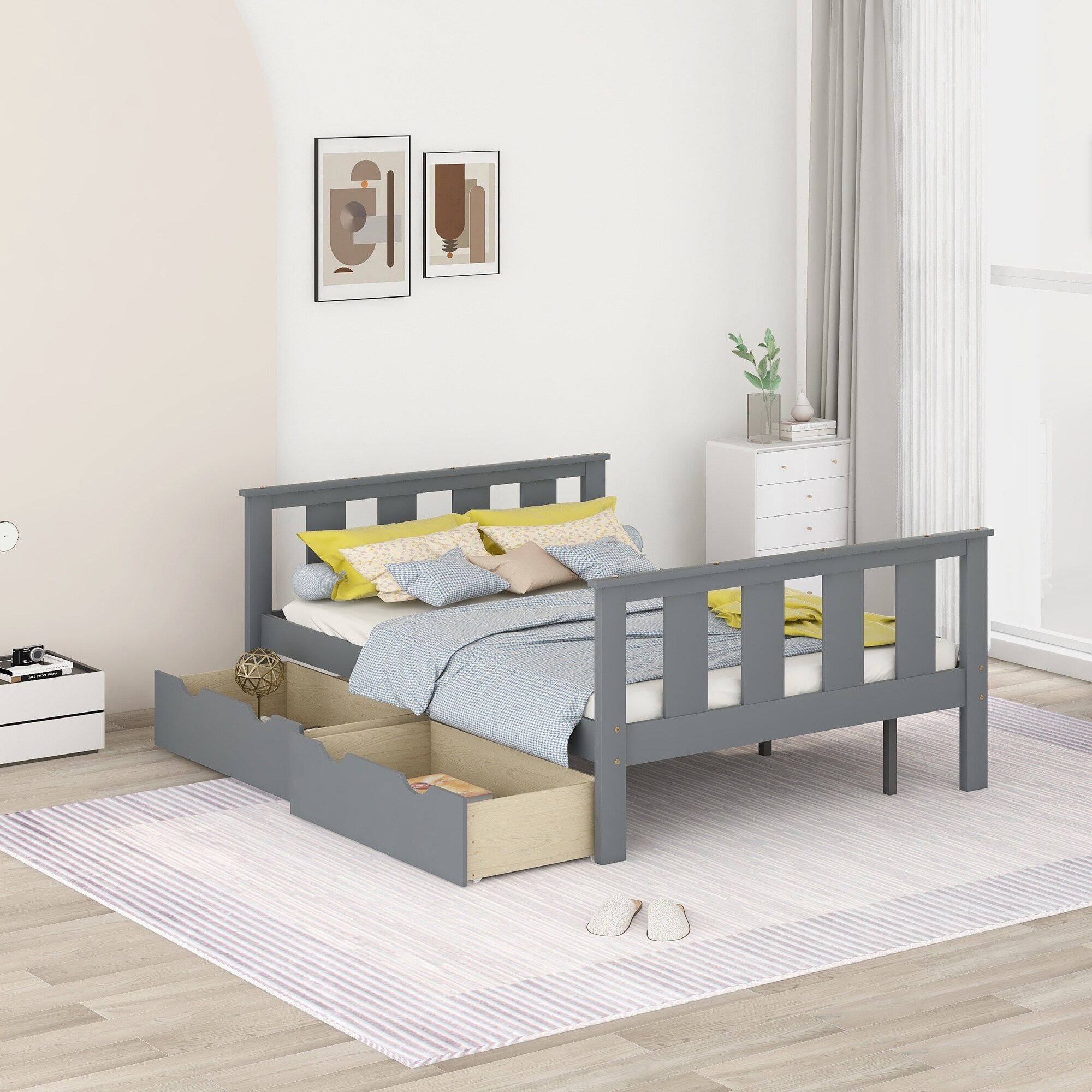 Grey Full Size Wood Platform Bed with Headboard, Footboard