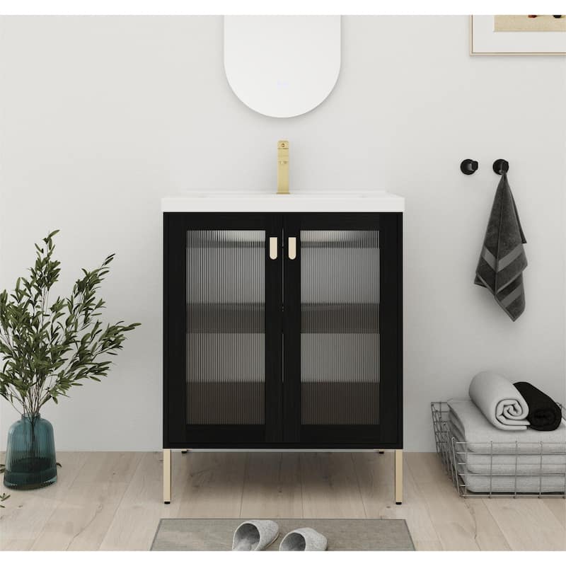 Bathroom Vanity With Sink In 28/32 Inch, Floating/Freestanding Bathroom Vanity With Soft Close Door - 27.8"W x 18.5"D x 34.8"H - Black Chestnut