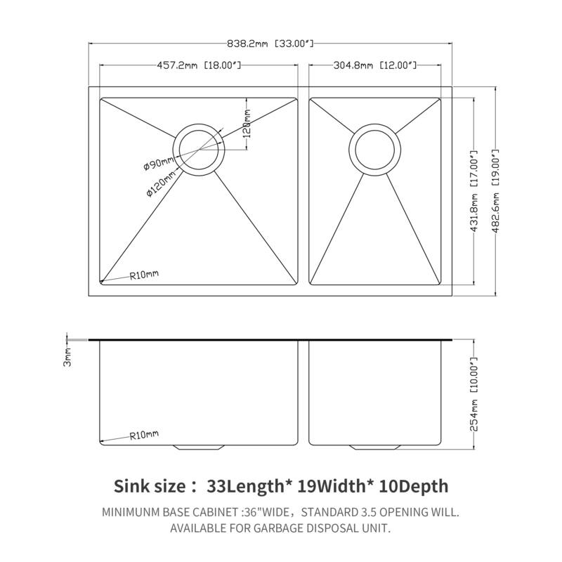 Undermount 16 Gauge Double Bowl Stainless Steel Kitchen Sink in Gunmetal Black - 33'' x 19'' x 10''