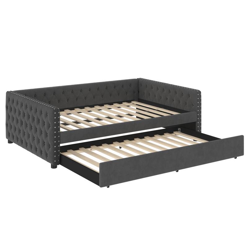Full Size Upholstered Daybed with Trundle, Tufted Sofa Bed with Rivet-Trimmed Arms and Button Detail