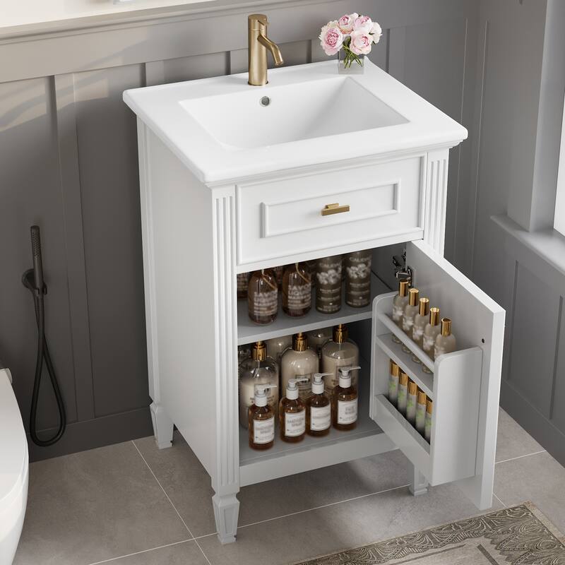 20" Freestanding Bathroom Vanity with Sink, Solid Wood Legs, Adjustable Shelf & Tilt-Out Drawer, Perfect for Tiny Bathrooms