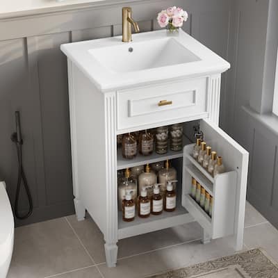 20 Inch Small Bathroom Vanity with Sink, Storage Cabinet with Tip-Out Drawer and Door Rack Organizer, Adjustable Shelf