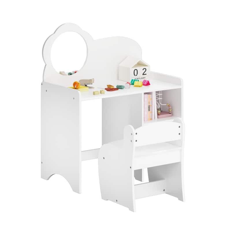 Anmytek Kids Wooden Vanity Table with Mirror and Chair Storage Shelves Multifunctional Study Activity Table