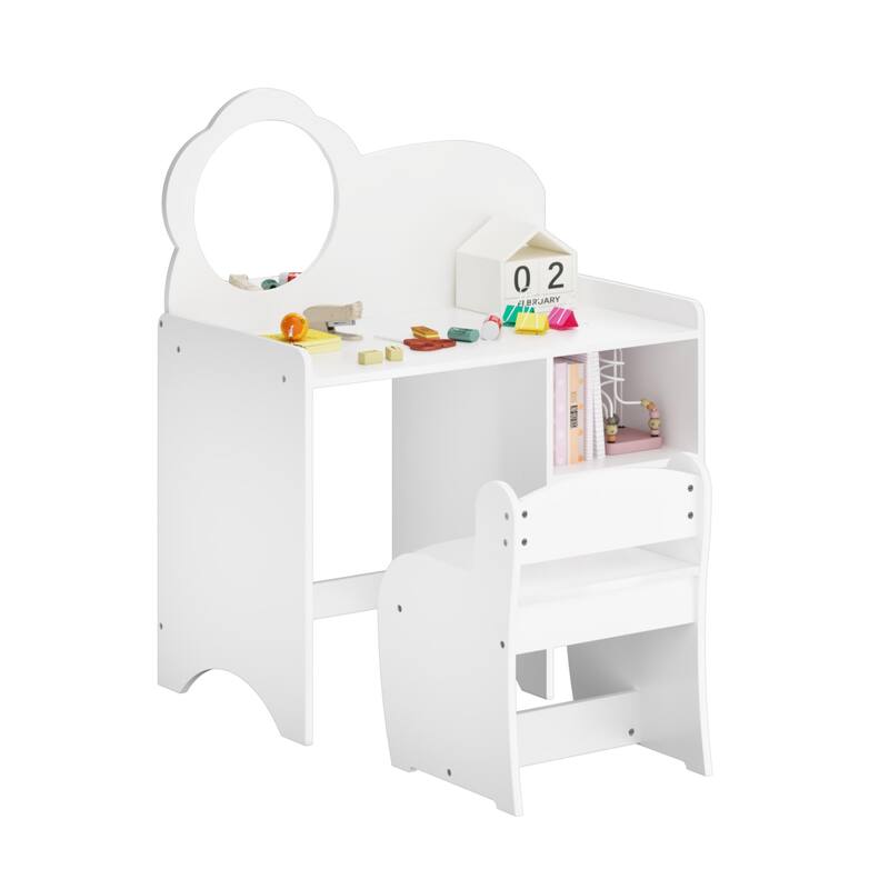 Kids Vanity Table with Mirror and Chair, Wooden Children's Dressing Makeup Desk with Storage Shelves, Study and Activity