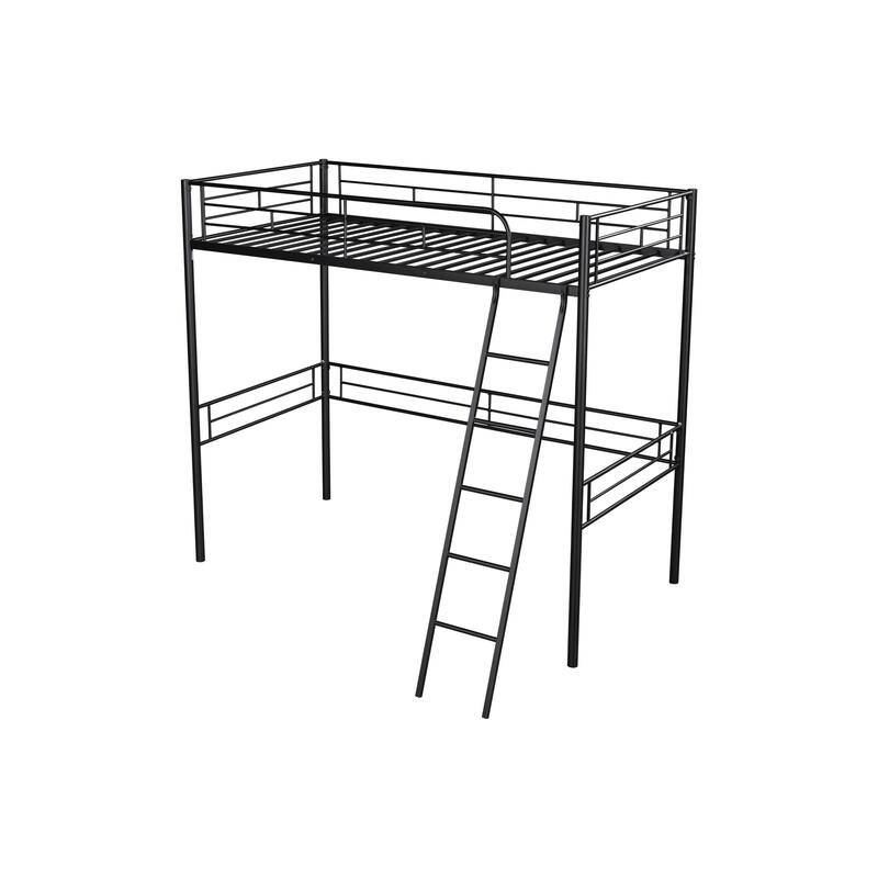 Metal Twin Size Loft Bed with Metal Slats, Inclined Ladder and Full