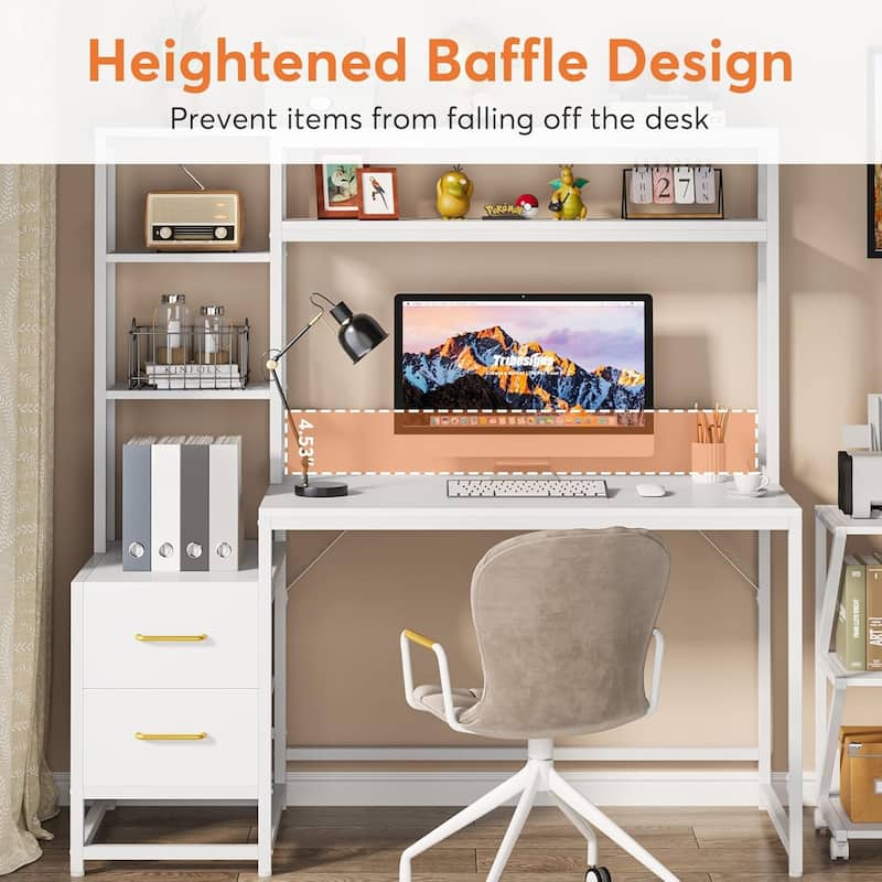 55 Inches Computer Desk with Hutch,2 Drawers & Open Shelves-Modern Home Office Desk with Storage,Writing & Gaming Workstation