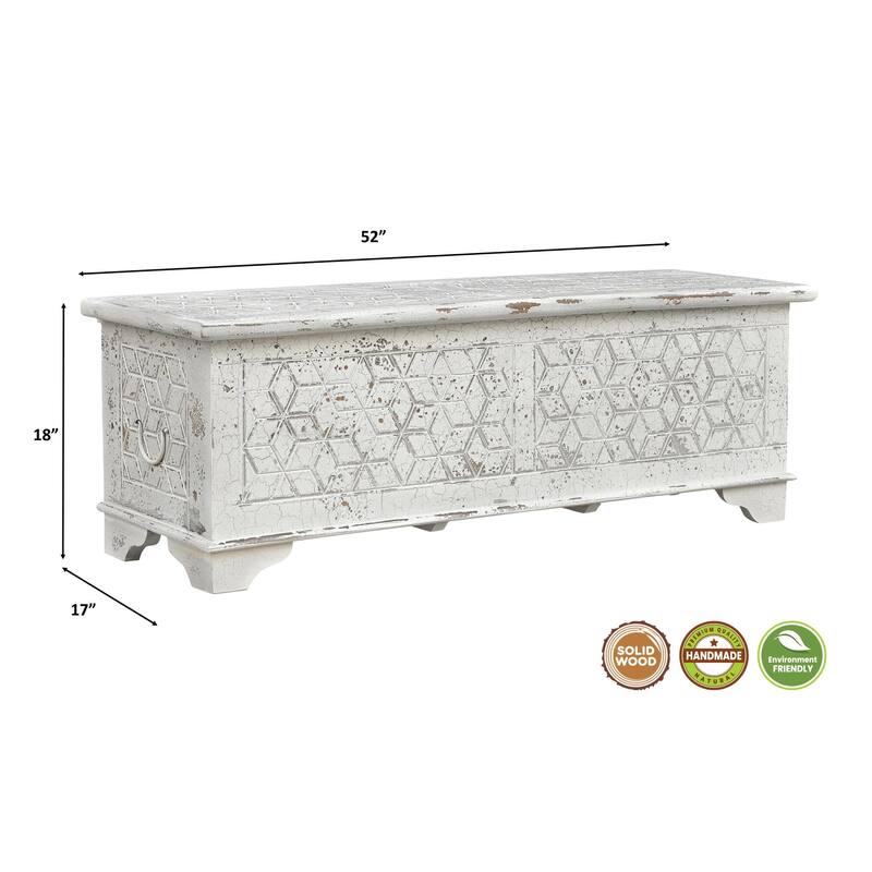 Clara Solid Wood Storage Ottoman with Geometric Carved Design