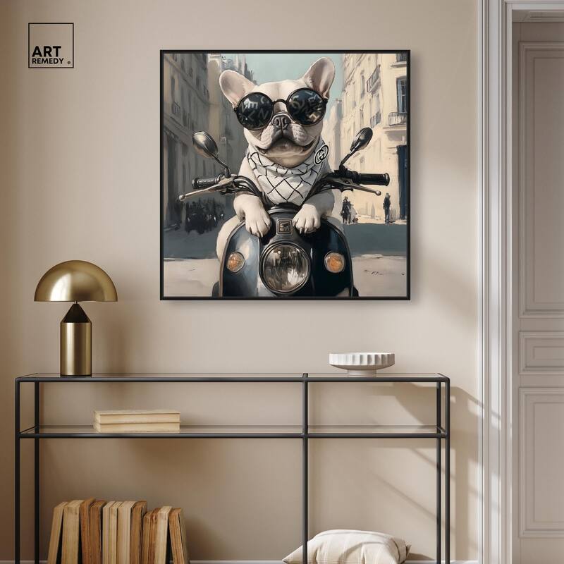 Frenchie on a Scooter Drive Canvas by Art Remedy