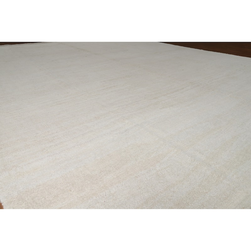 Hand Woven Oriental Cotton Carpet Modern Solid Beige & Ivories Kilim Area Rug - 12' 4'' X 9' 9''
