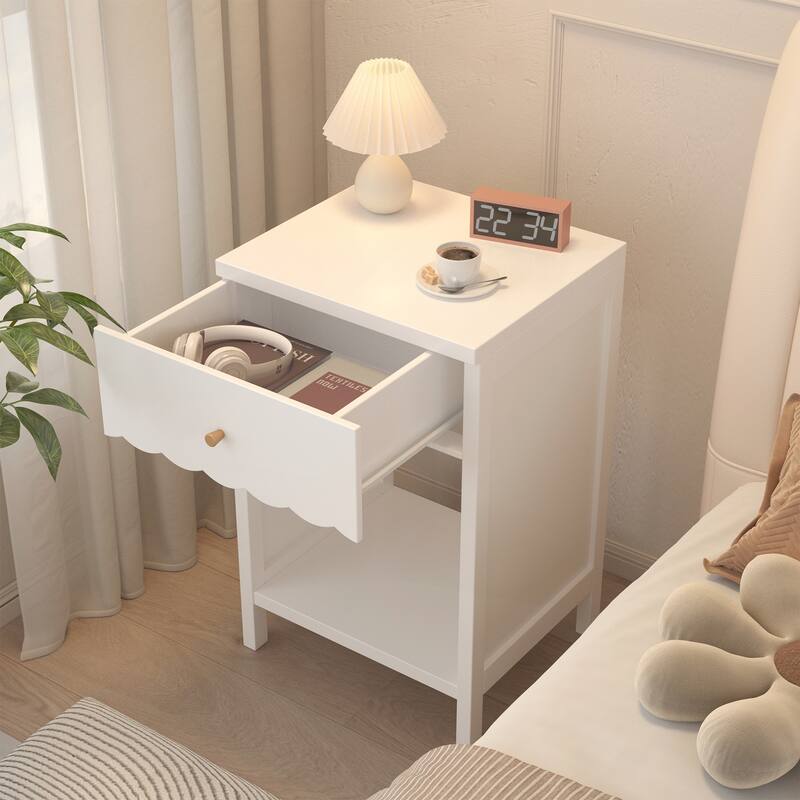Modern White Nightstand with Drawer and Open Shelf for Bedroom