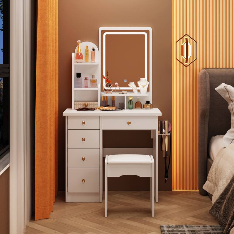 Vanity Set with Stool, Lighted Mirror, Outlets,Makeup Table Dressing - 31.5"W
