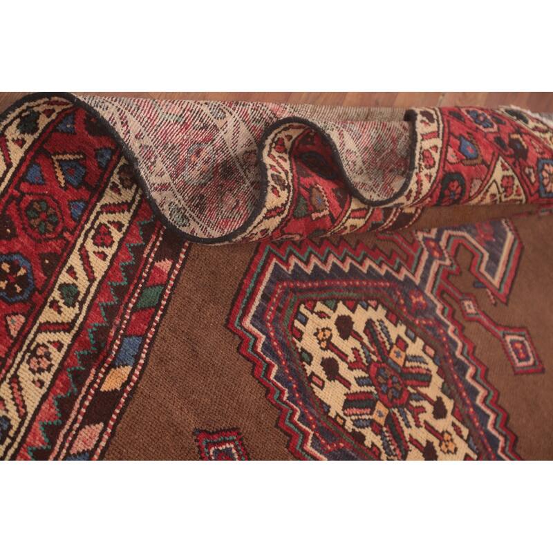 Brown Geometric Hamedan Vintage Persian Area Rug Handmade Wool Carpet - 4'6"x 7'1"