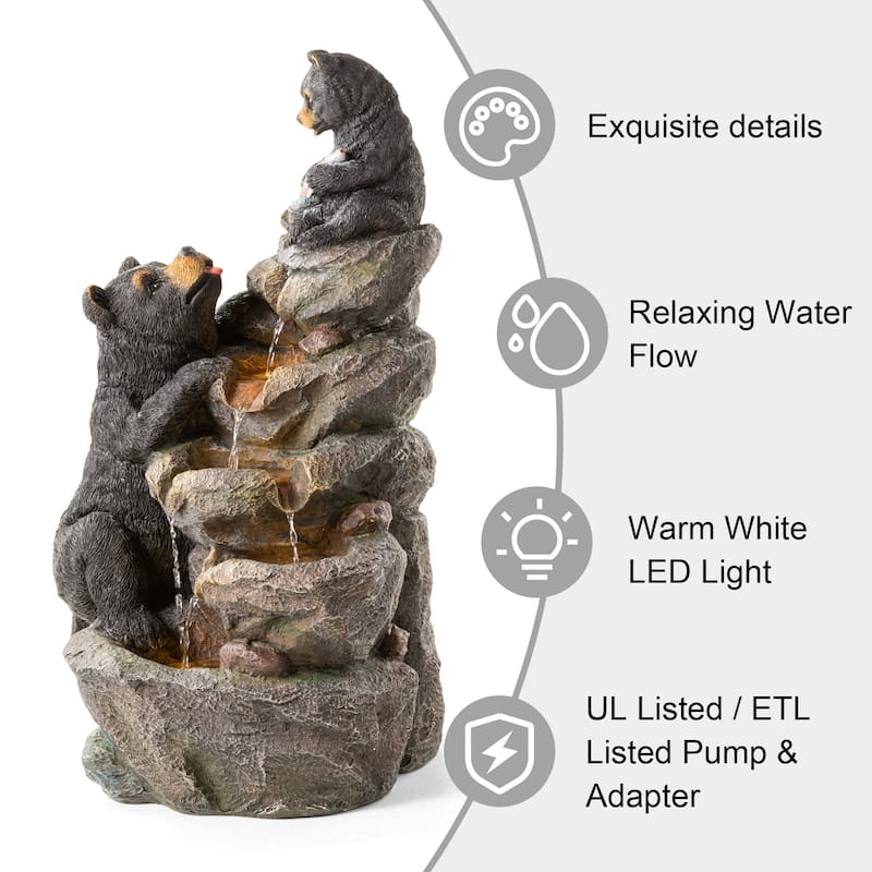 Glitzhome 30.5"H 4-Tiered LED Lighted Mom & Baby Bear Polyresin Outdoor Floor Fountain