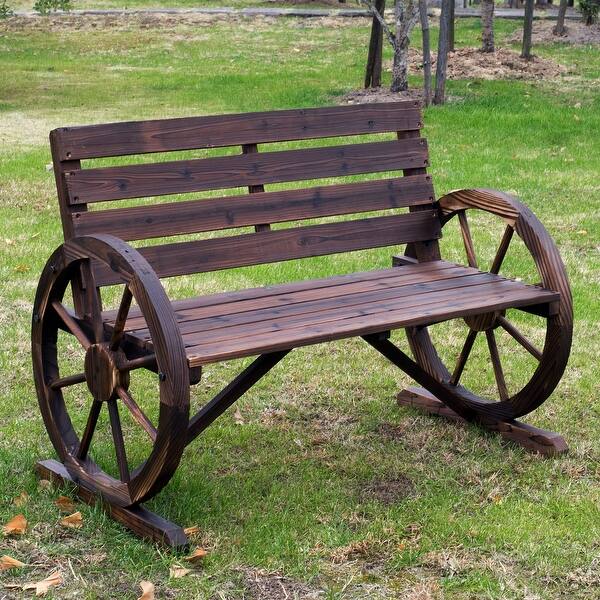 slide 1 of 8, Outsunny Rustic Outdoor Patio Wagon Wheel Wooden Bench Chair, for your Garden, Patio, or Entryway