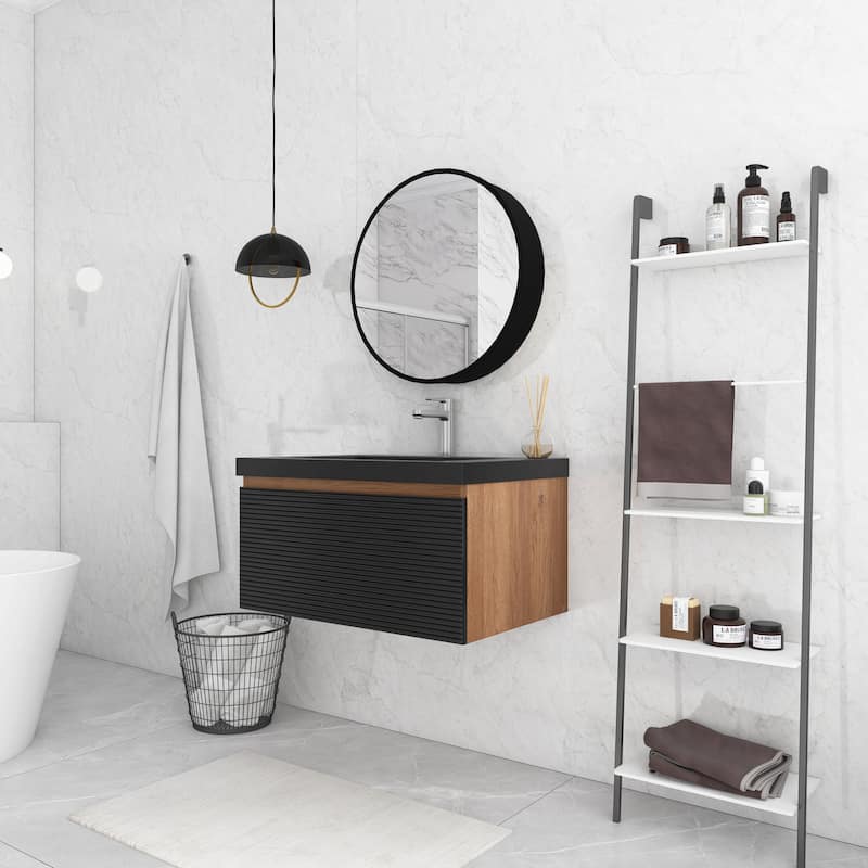 Floating Bathroom Vanity in Natural Oak with Integrated Resin Top