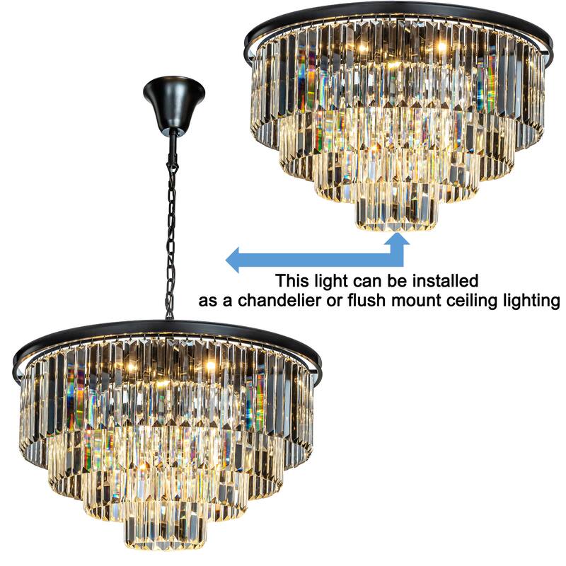 8-Lights Mid-Century Glam Modern 4-Tier Round Fringe Crystal Flush Mount Light For Living Room - W32''