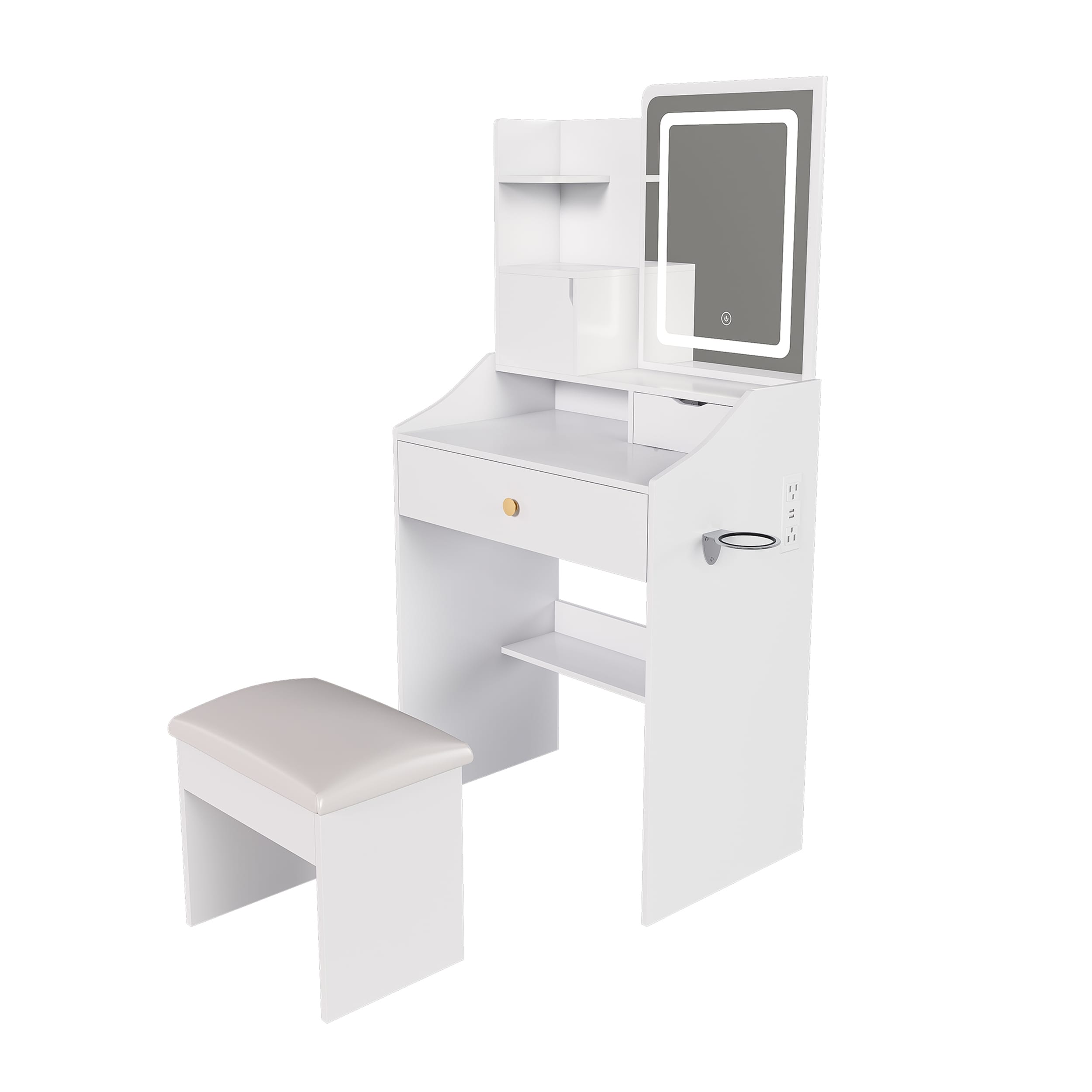 Compact Makeup Vanity with LED Mirror, Charging Station, Storage Stool