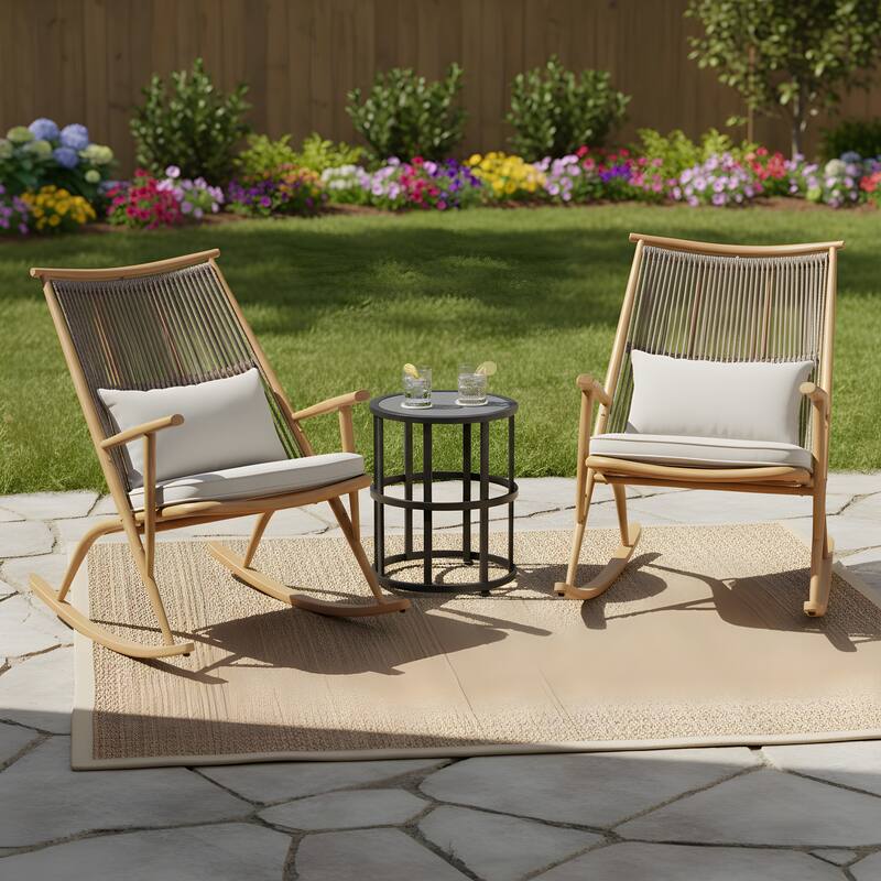 Christopher Knight Home - Lior Iron Frame Outdoor Rocking Chair Set with Cushions and Ceramic Tile Side Table for Garden/Porch - 3-Piece Set - Beige+Black+Teak Finish