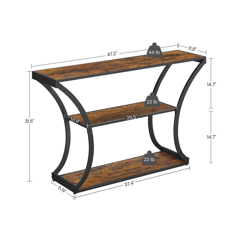 Black Metal Console Table with Curved Frames and 2 Open Wood Shelves for Modern Entryway or Living Room