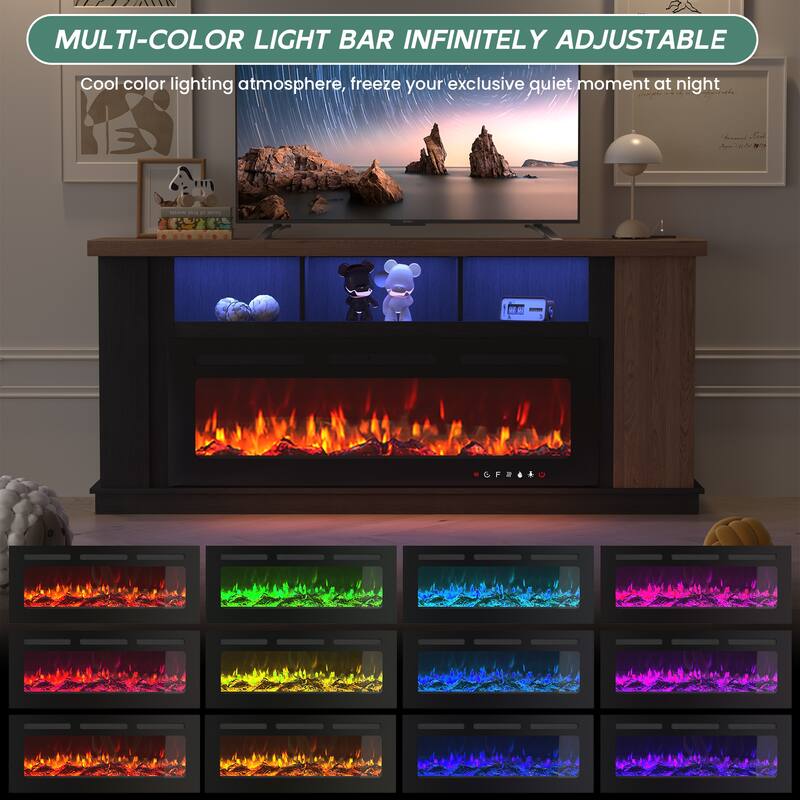 Traditional 70" TV Stand with 50" Electric Fireplace, Light Strips, Sockets, Open Shelves, and Cabinets for TVs up to 80"