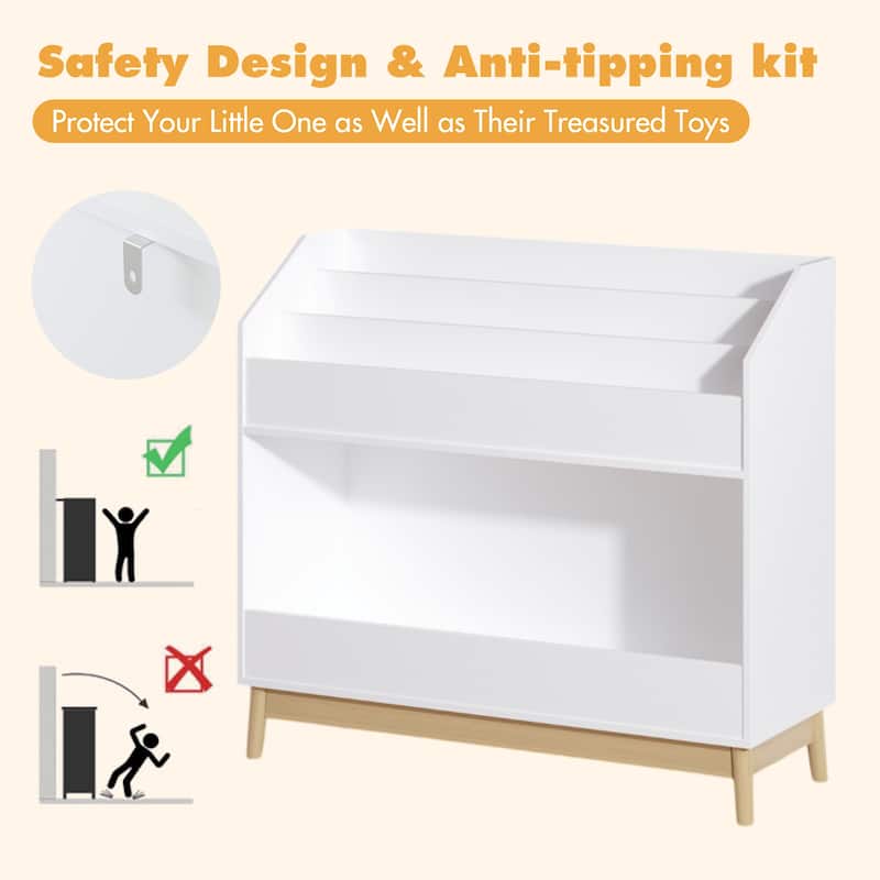 Toddler Book Display Shelf with Storage, Wooden Kids Bookcase Organizer for Bedroom or Playroom, White