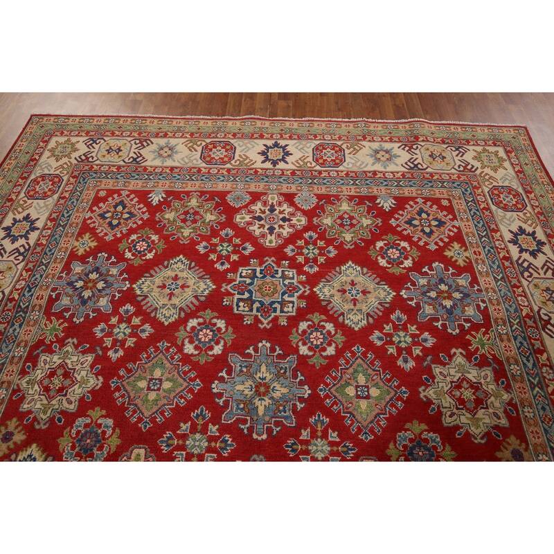 Geometric Red Kazak Area Rug Hand-Knotted Wool Carpet - 8'11" x 11'10"
