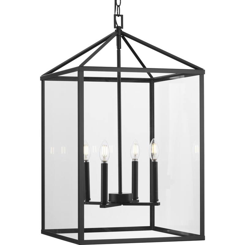 Hillcrest Collection Four-Light Matte Black Transitional Hall & Foyer Light - 17 in x 17 in x 29.75 in - 17 in x 17 in x 29.75 in