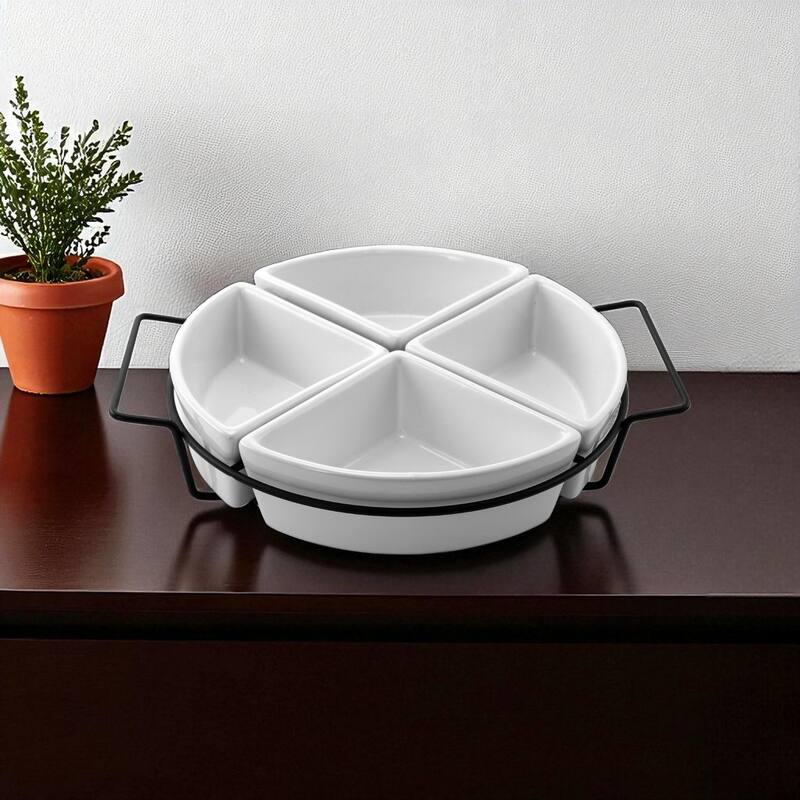 Gibson Gracious White Fine Ceramic Dining Four Section Tray Set with Metal Rack
