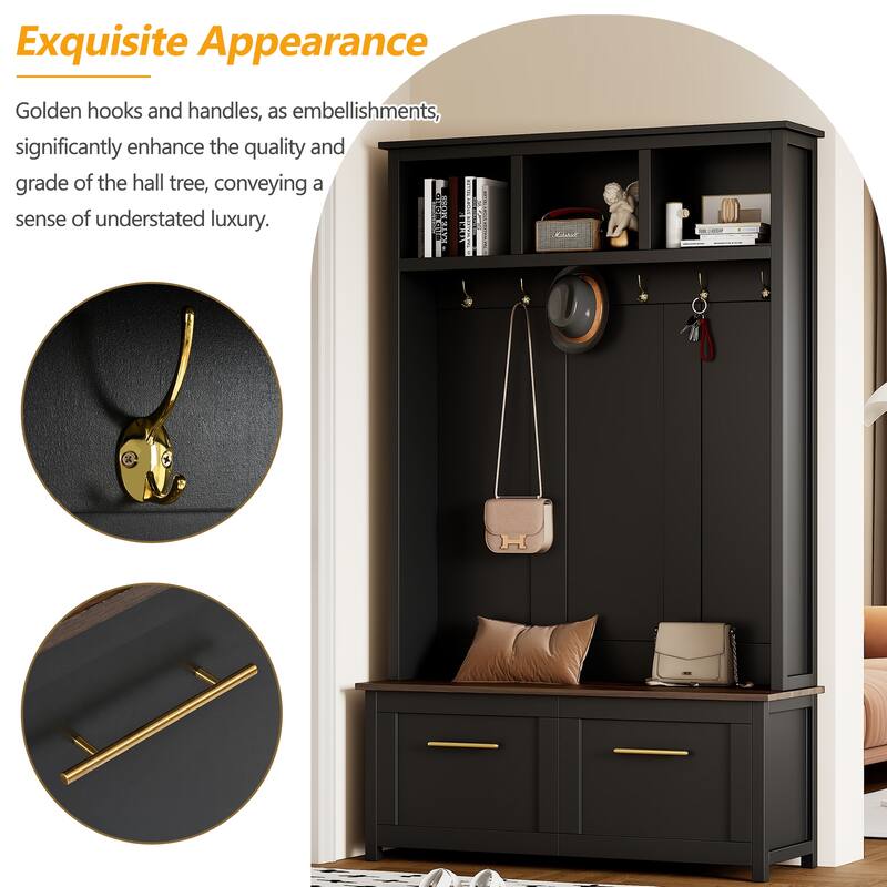 4-in-1 Multi-Functional Hall Tree – Wood Grain Storage Bench with 6 Golden Hooks & 2 Drawers – Entryway Organizer for Hallway