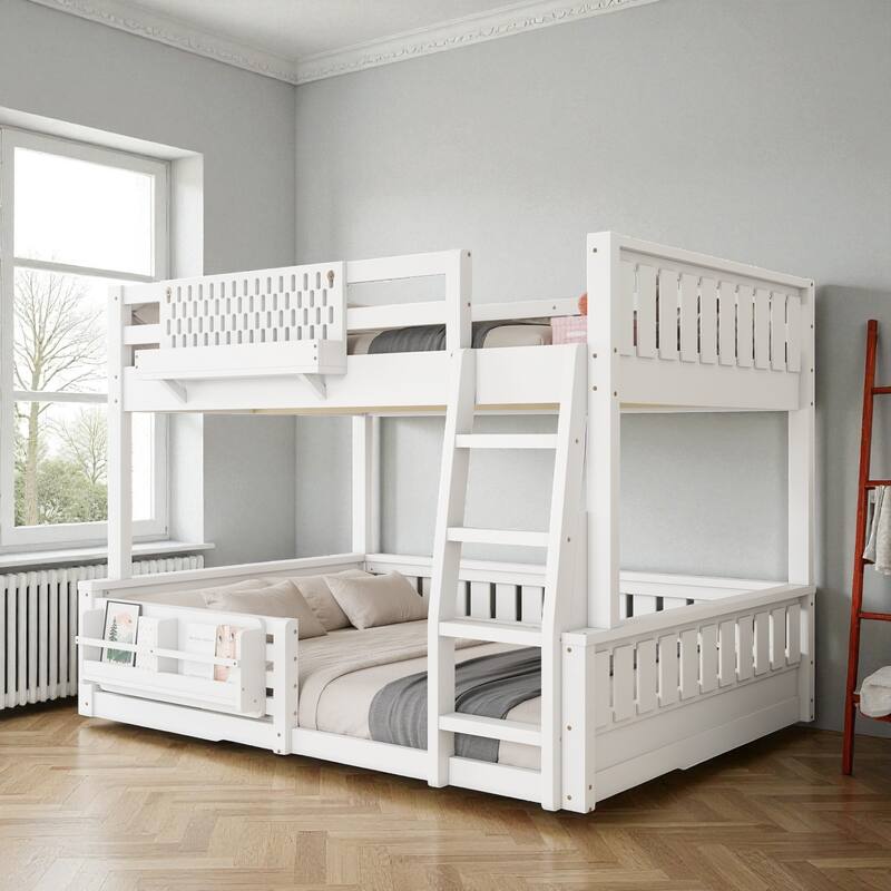 Full XL over Queen / Full over Queen Bunk Bed with Ladder, Guardrails, Pegboard & Built-In Bookshelf, Solid Wood Frame