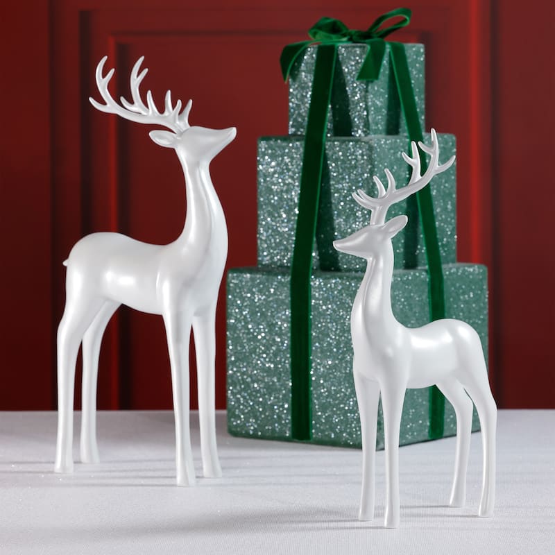 Pearl White Deer Figurines, Set of 2, Elegant Holiday Décor, 13" & 16.5" Tall