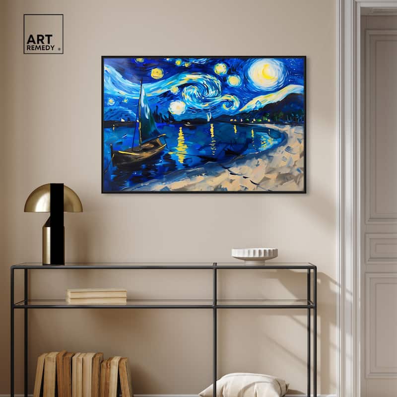 Art Remedy Whimsical Night Sail Framed Impressionism 1 Piece Canvas Wall Art /Monet And Van Gogh Inspired Art