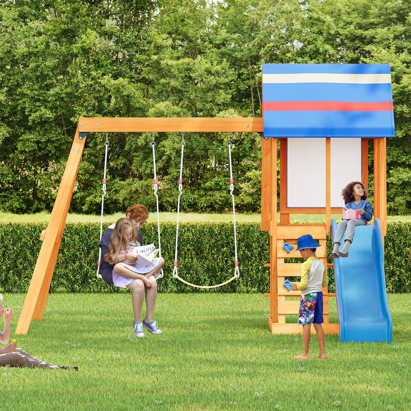 Outdoor 3 in 1 Wood Swing Set with Slide, 2 Swings and Climber