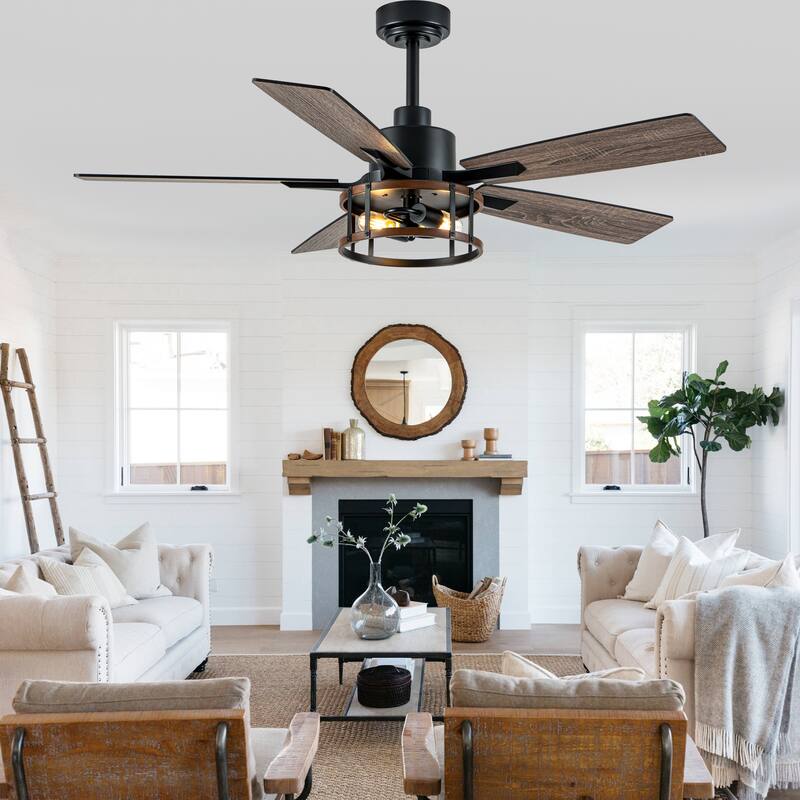 Bella Depot 52" Industrial Caged Ceiling Fan with Light and Remote 6-Speed Modern Reversible Large Fan DC Motor
