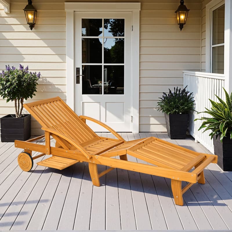 Teak Acacia Wood Folding Lounge Chair with Adjustable Backrest Pull Outside Table and Wheels for Patio Garden and Poolside