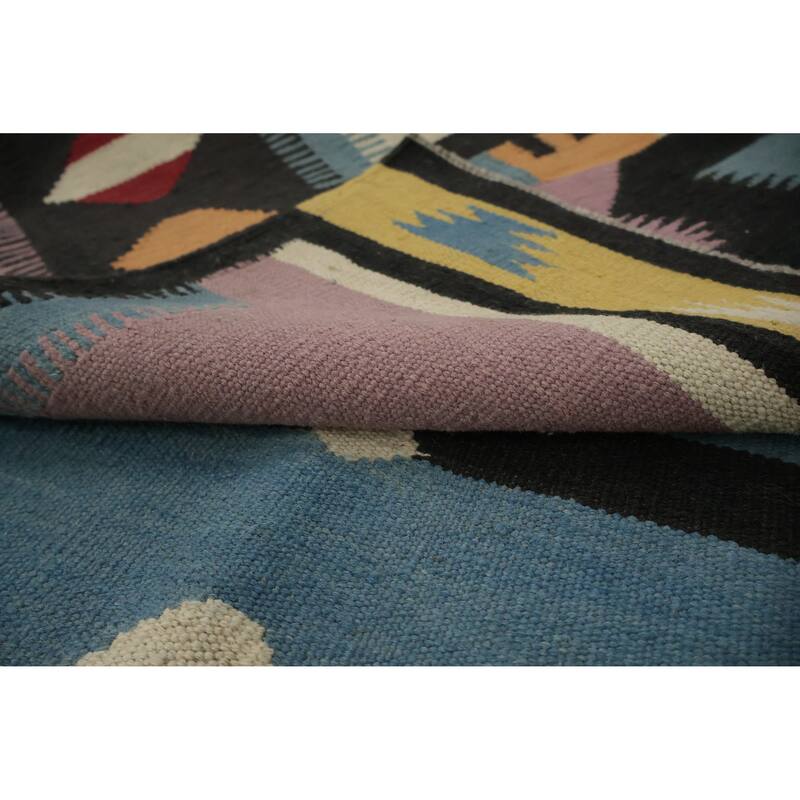 Hand Woven Oriental 100% Wool Carpet Southwestern Tribal Navy Blue & Blues Kilim Area Rug - 9' 8'' X 8' 3''